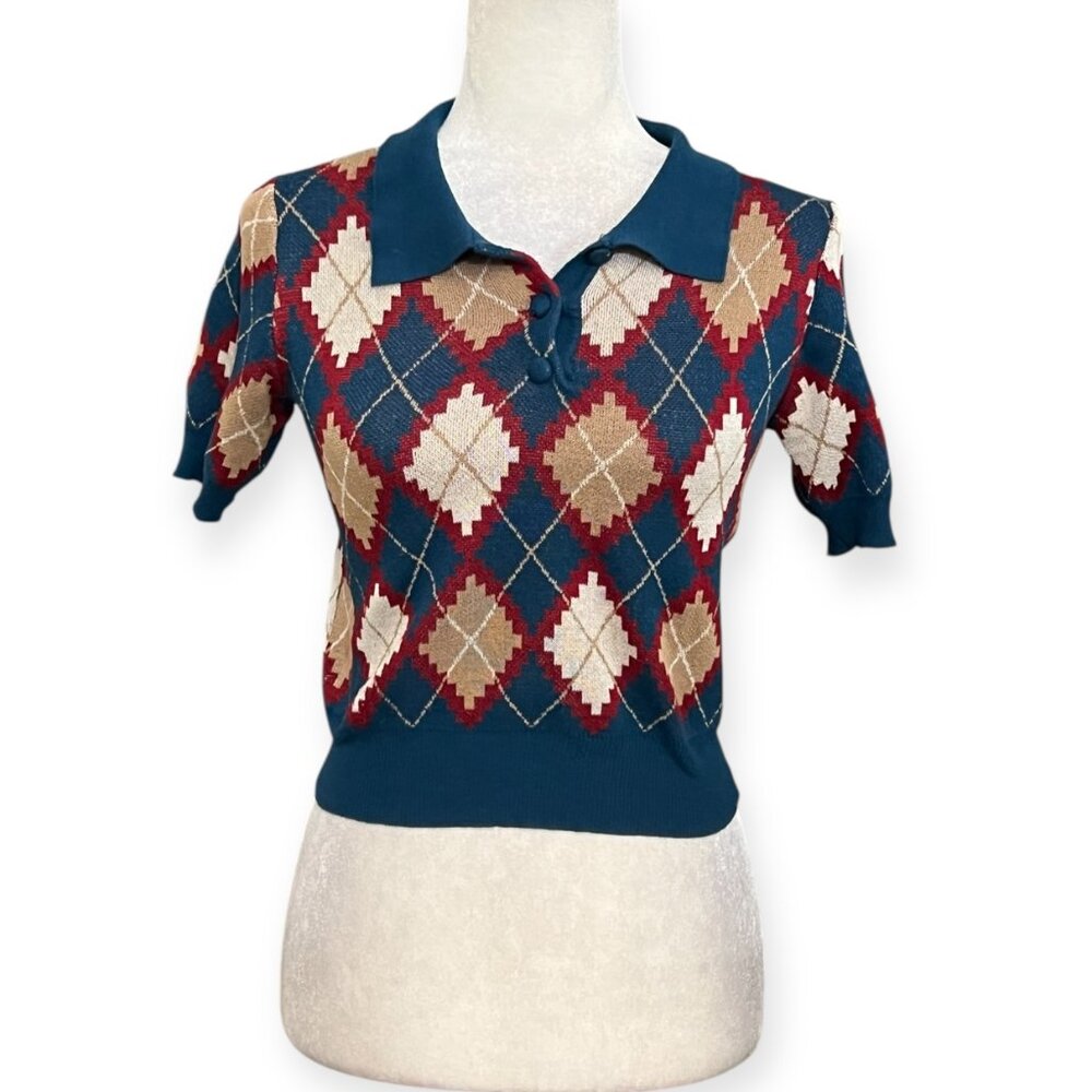 Meridian Womens Argyle Knit Polo Top Short Sleeve Vintage Style Size S/ M Y2K